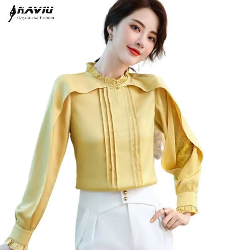 Yellow Lace Chiffon Shirt Women High-End Long Sleeve Stand Collar Satin Hollow Design Blouses Office Ladies Formal Work Tops 210604