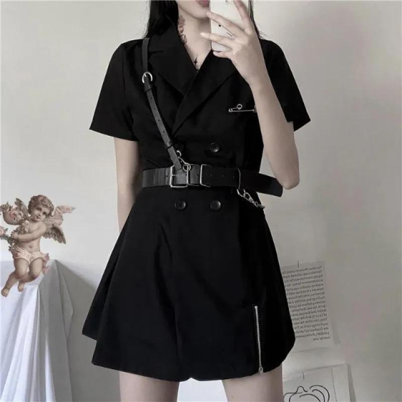 Femmes Moto Biker Robe Noire D'été Taille Haute Entaillé Minceur Cool Vestidos Nouveau Chic Style Coréen Mini Salopette Robes 210422