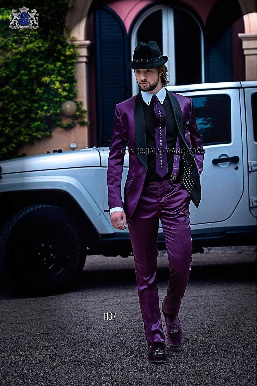 イタリアンスタイルの紫色の男性スーツの歌手のプロムのステージブラックショールラペルの結婚式タキシード2ピースの男スーツセットジャケットx0909