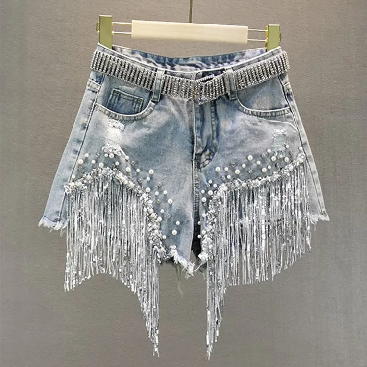 i lager Europe Style Sommar Dam Diamond Beading Paljett Tofs Denim Shorts Jeans Mode Dam All-match Byxor 210428