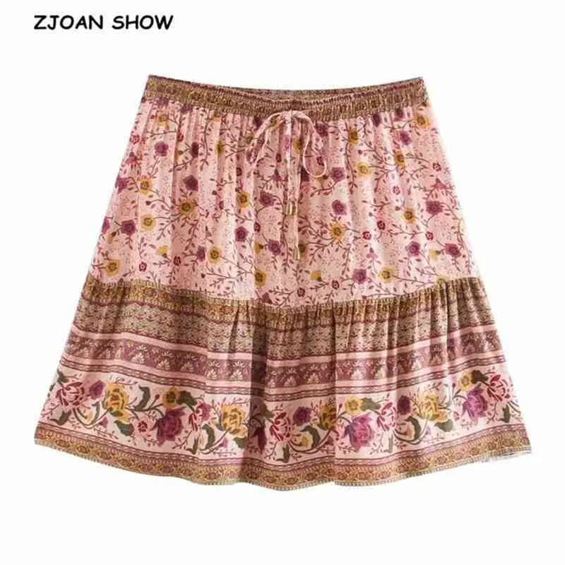 Bohemian Floral Printed A-line Mini Skirts Ethnic Ealstic Waist Ruffles Pleated for Girls Beach Holidays Boho 210429