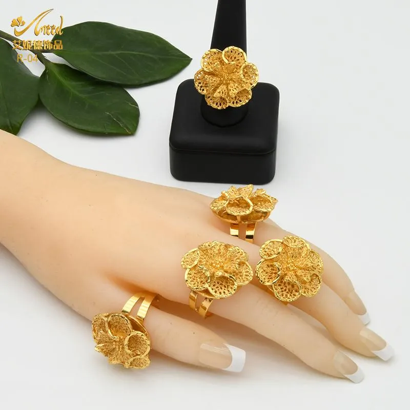 Anelli di nozze anello ridimensionabile per donna Etiope 24k oro riempito grande fiore cavo fiore africano moda da sposa partito monili gioielli
