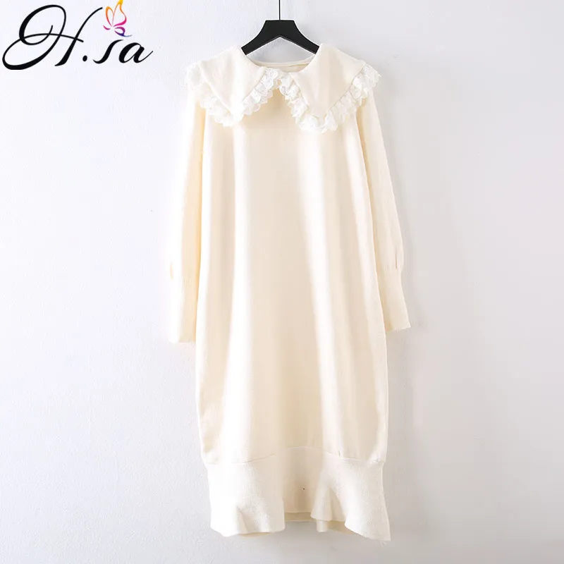 H.SA Women Spring Arrivals Sweet Ruffles Long Sweater Dresses Cute Neck Turn Down Collar White Lace Dress Pull Femme 210417