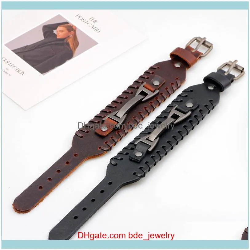 Charm Bracelets In Europe America Men`s Jewelry Hand-woven Punk 35MM Wide Black Brown Genuine Leather Wrap