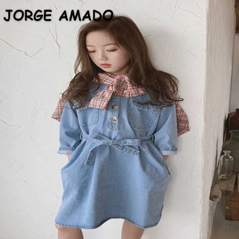 Verão Adolescentes Menina Dress Denim Blue Colors Botas Botas Big com Cinto Crianças Roupas E121 210610