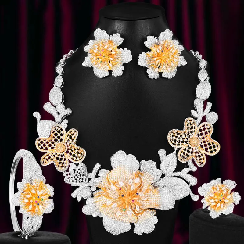 Orecchini Collana Soramoore 4PCS Big Fashion Set di gioielli di fiori di lusso africano per le donne Wedding Cubic Zirconia Dubai Bridal 2021