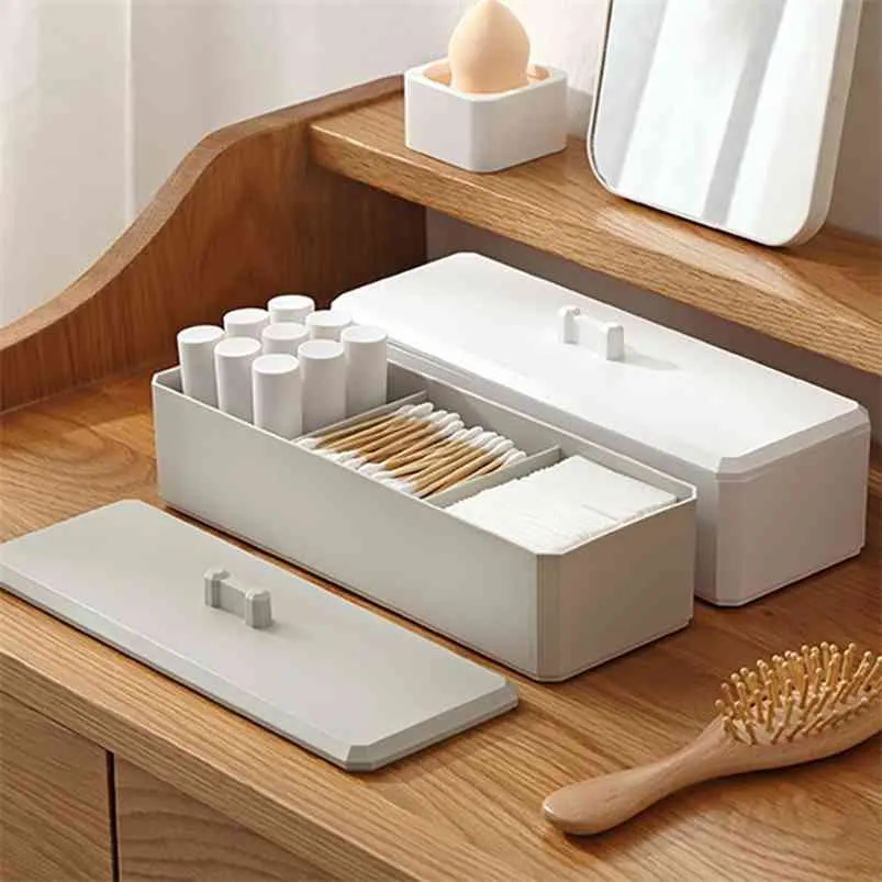 Einfache kosmetische Aufbewahrungsbox mit drei Gittern für Schmuck, staubdicht, Wattestäbchen, Desktop-Finish 210423