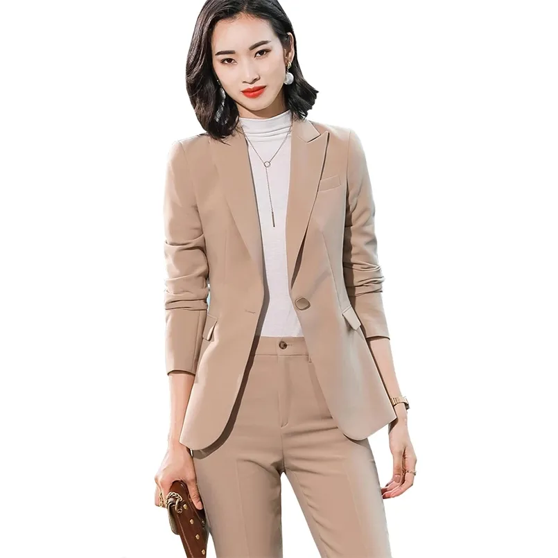 Beige Pink Khaki Abrikoos Koffie Zwart Blauw S-5XL 2 Stuk Set Dames Pant Suit Office Lady OL Girl Jacket Blazer and Broek 211007