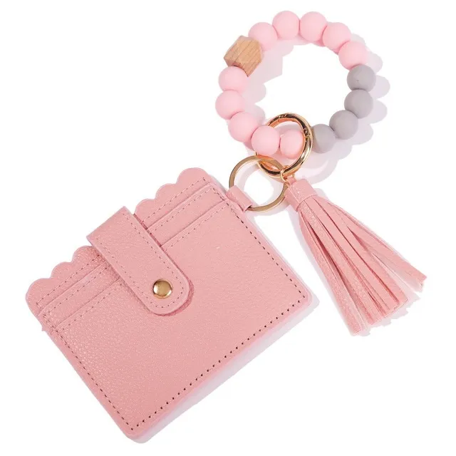 PU Leather Favor Bracelet Wallet Keychain Tassels Bangle Key Ring Holder Card Bag Silicone Beaded Wristlet Keychains Handbag FY3399