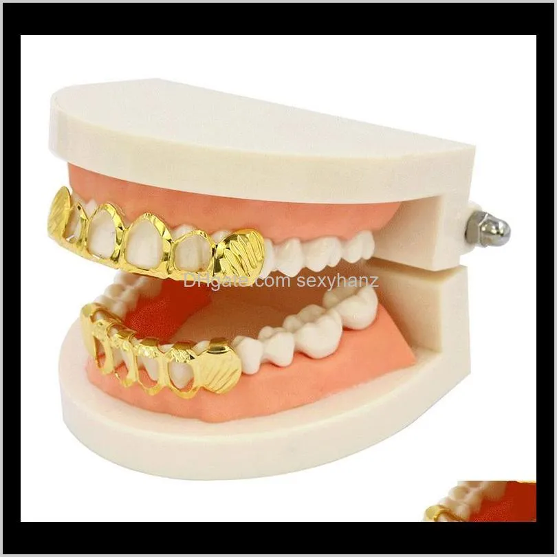 new gold silver hollow open dlampnd cut 6 tooth top & bottom grills teeth caps tooth hip hop grillz set party jewelry