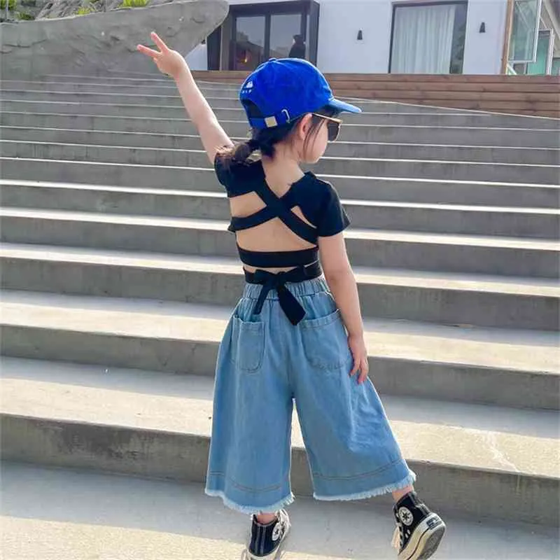 Yaz Varış Kızlar Moda Geri Çapraz T Gömlek Çocuklar Kore Tasarım Ops Mektup 210528