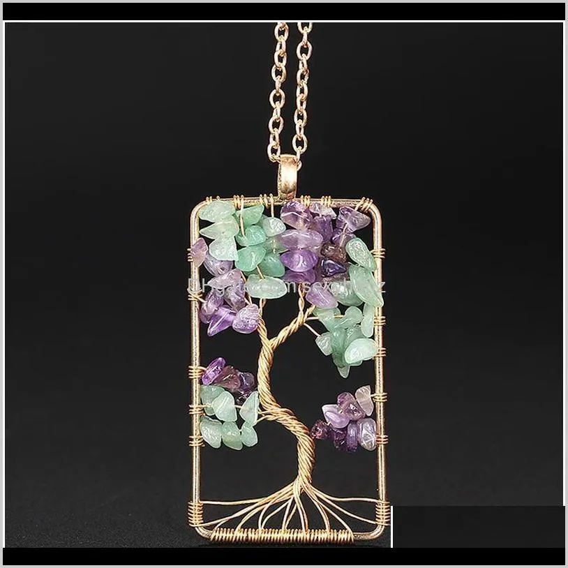 natural purple quartz stone pendants handmade gold color tree of life shaped crystal pendant necklace chain for women qylnsa