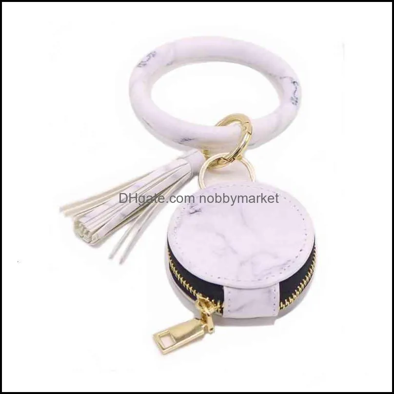 Newest Luxury Leather Wristlet Keychain Custom Bangle Tassel Coin Purse with Makeup Mirror for Women