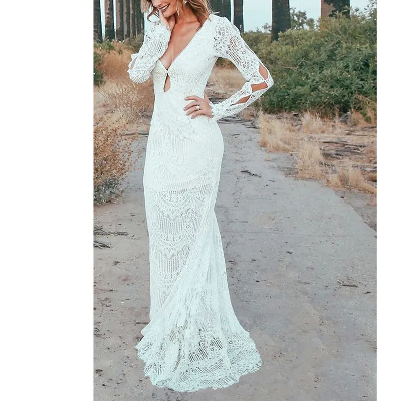 Summer Women Party Long Sleeve Floor Length Sexy Backless White Lace Maxi Dress 210415