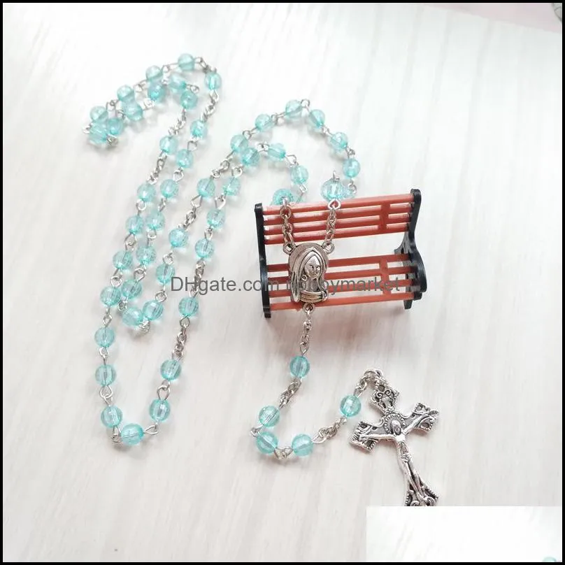 Transparent Blue Acrylic Women Rosary Necklace Long Cross Pendant Religious Jewelry