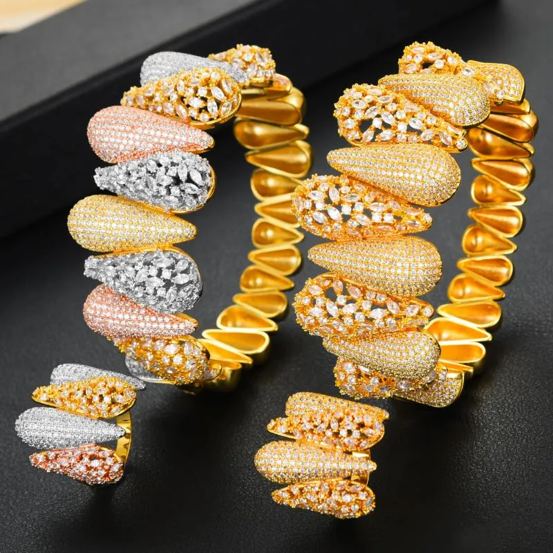 Örhängen Halsband Godki Lyx 2st / set Bangle Ring Set för kvinnor Full Micro Cubic Zircon Party Bröllop Saudiarabiska Dubai Smycken 2021