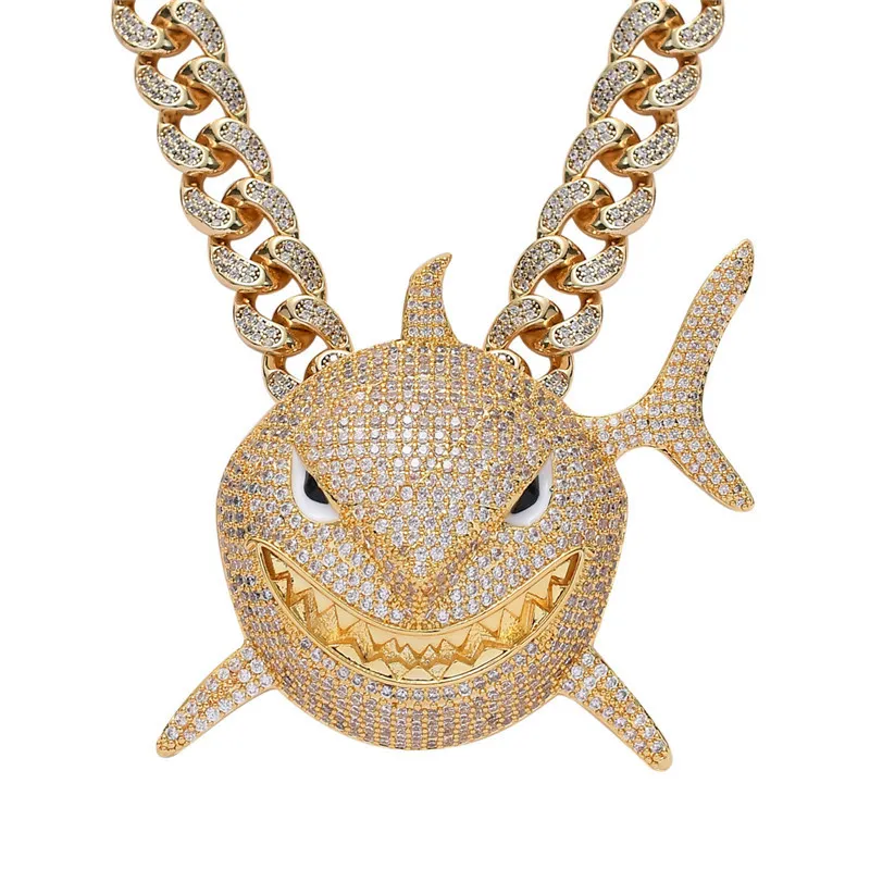 Hip Hop Big Shark Pendant Necklace Pave Bling Cubic Zircon Party Jewelry with Big Iced Out Crystal Miami Cuban Link Chain X0509