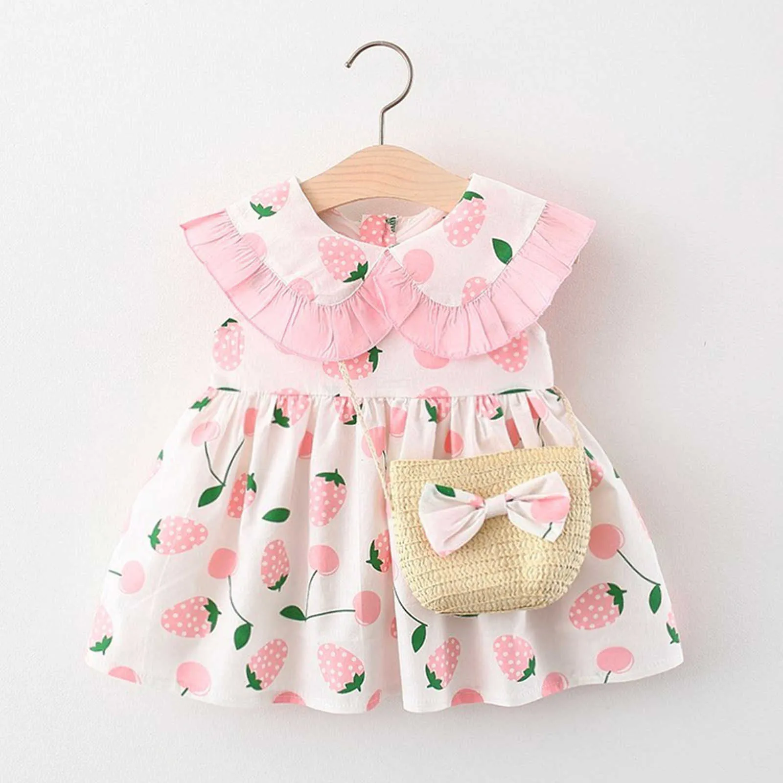 Bebek Kız Peter Pan Yaka Çilek Yaz Prenses Elbiseler Toddler Çocuk Kız Kıyafet Yaz Elbiseler Q0716