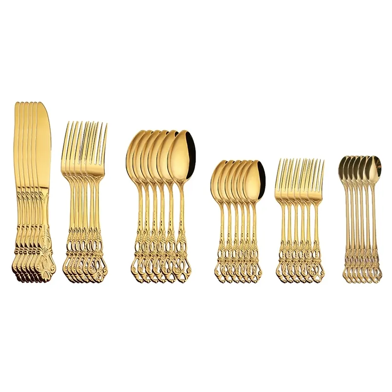 36pcs Cutelaria Royal Set Gold Aço Inoxidável Luxo Dinnerware Facas Gelo Tea Colher Forks Cozinha Talheres Jantar Talheres 211112