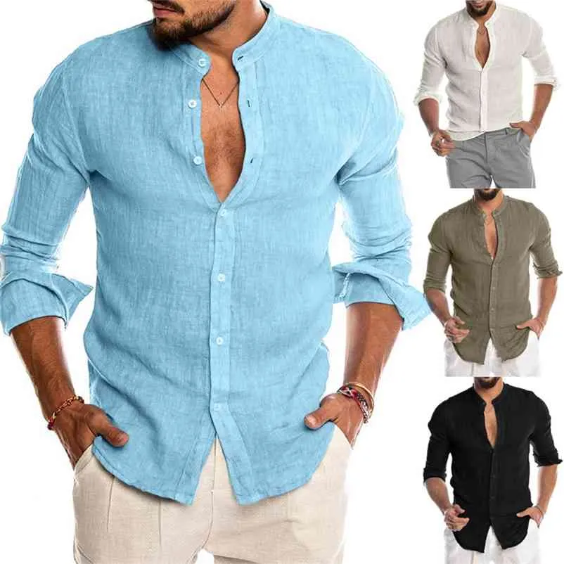 Helisopus New Casual Cotton Linen Men T-shirts Långärmad Tee Shirts Solid Color Street Wear Blouse Toppar för sommarfjäder 210716