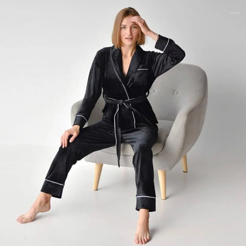 Women's Sleepwear Hiloc Velvet Trouser Suits Robe Sets Lace Up Bathrobe For Women Set Woman 2 Pieces Knitting Nightie Autumn Warm Homewear W