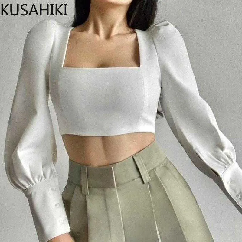 KUSHAIKI Sexy Square Collar High Waist Short Tops Blouse Bow Tie Backless Women Shirt Spring Crop Top Blusas 6E657 210603