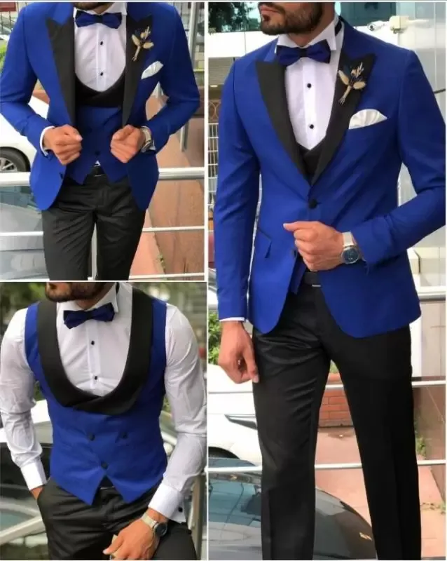 2022 Italiaanse ontwerpblauwe heren bruiloft pakken smoking piek revers Mannen pak een knop bruidegom foral slijtage pakken drie stuk Prom Party Blazer (jas + broek + vest)