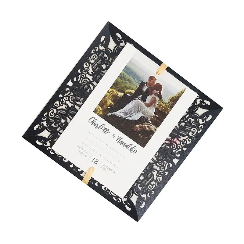 25Set Laser Cut Black Wedding Inbjudningskort Kort och kuvert Beställnings- hälsning Födelsedagsfest gynnar blank utskriftskort