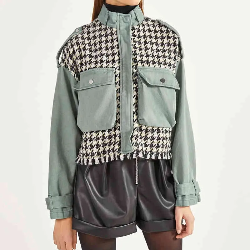 vintage houndstooth spliced wool blend coat jacket women streetstyle pockets cropped jacket coat short winter tops 210415