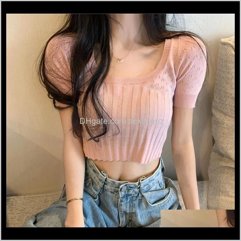 2020 new style summer online celebrity navel short tops women tight square collar off-shoulder knitted short-sleeved t-shirt ins1