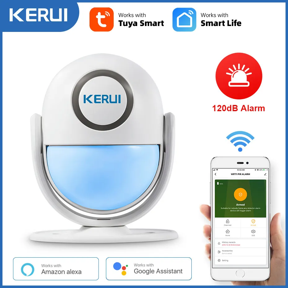 Kerui Tuya Smart Home Security WiFi сигнализация Wi-Fi Работает с Alexa 120DB PIR детектор Дверь / оконный датчик Беспроводной приложение Branglar