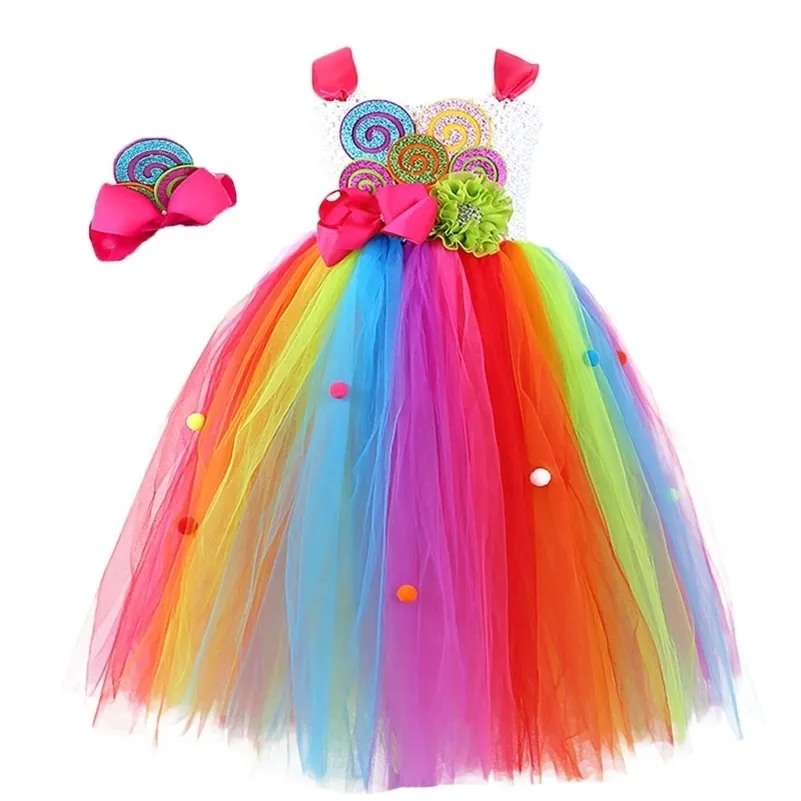 Rainbow Sweet Candy Fairy Girl Costume d'anniversaire Kids Rainbow Lollipop Flower Bow Tutu Robe et bandeau pour Mardi Gras Carnival 210331