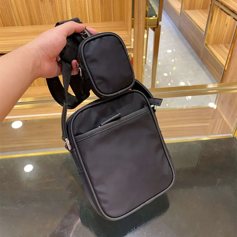 Mens Mini Crossbody Phone Bags Nylon Cross Body Designer Shoulder Bags Soild Black with Hang Pouch Fashion 2 PIECE