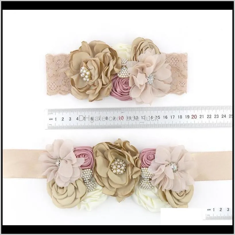 Lace Baby Girls Headbands Matching Satin Waist Band Vintage Chiffon Flower Women Sash Belt Set Wedding Belt Photography Props