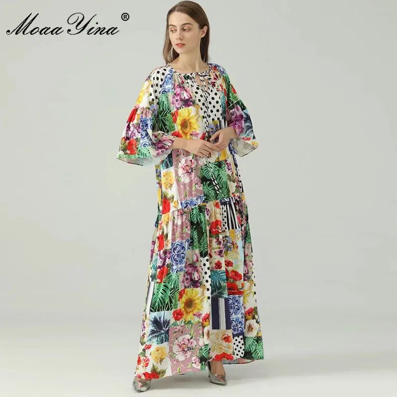Bohemia verão mulheres férias maxi vestido solto combinando flor impressão 3/4 manga moda longa festa 210524
