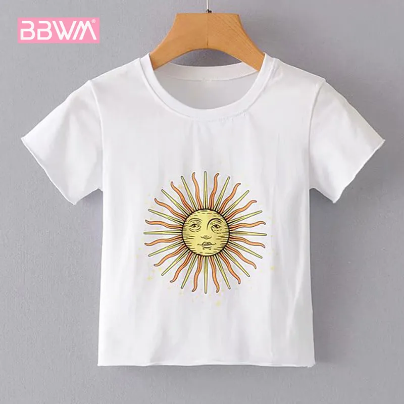 Round Neck Krótki Rękaw Harajuku Sweet Sun Print Chic damska T-shirt Biały Sexy Harajuku Kobiet Topy 210507