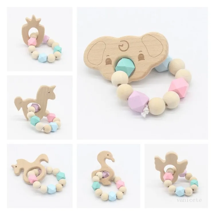 Baby Nursing Armband Trä Teether Silikon Beads Tand Trä Rattles Toys Tecknad djur Teether Armband Nursing Leksaker Present T2i52125