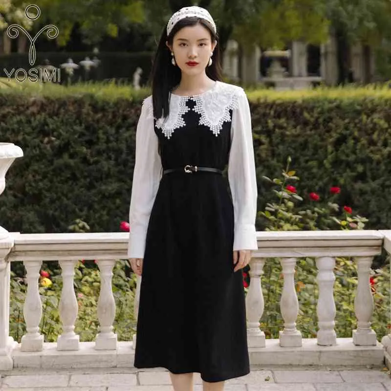 YOSIMI Long Women Dress Fake Set Spring Embroidery Peter Pan Collar Mid-calf A-line Sleeve White Patchwork Black 210604