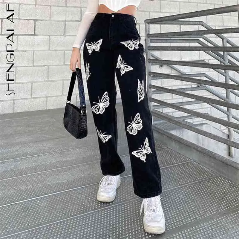 나비 인쇄 된 청바지 여성의 봄 높은 허리 패션 믿을 수있는 튜브 데님 바지 streetwear 여성 5B112 210427