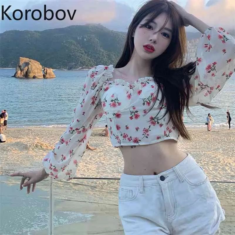 Korobov coréen fleur imprimé col carré femmes blouses doux chic manches longues chemises en mousseline de soie laçage arc Blusas Mujer 210430