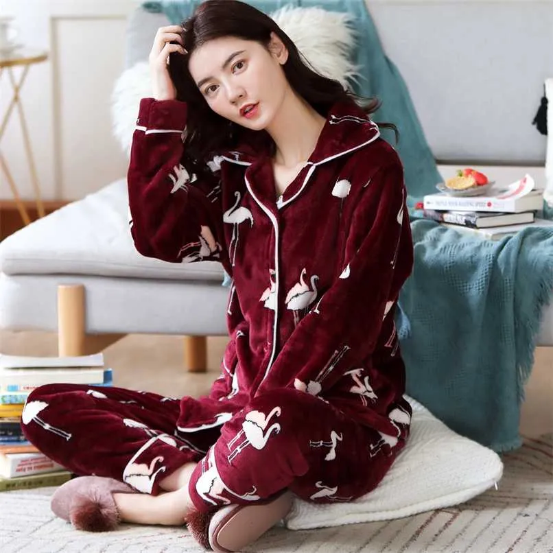 Herbst Winter Frauen Flanell Pyjamas Sets Mädchen Nachtwäsche Anzug Dicke Warme Pyjamas Weiche Nachthemd Weibliche Cartoon Tier Pijamas 211112