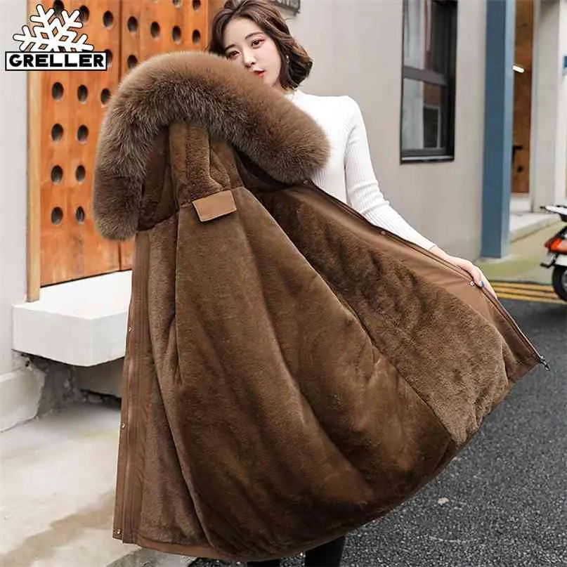 GRELLER Mode Long Manteau d'hiver Femmes Vêtements Doublure de laine Parkas à capuche Slim avec col de fourrure Veste chaude 210923