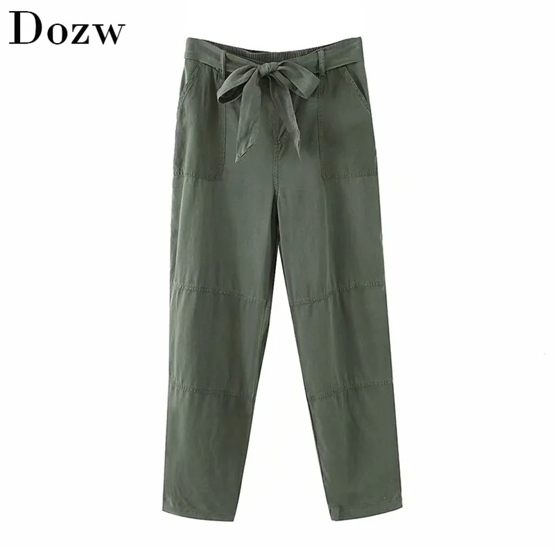 Pantaloni cargo solidi da donna con cintura Baggy Pantaloni larghi larghi Pantaloni lunghi a pieghe con coulisse Pantaloni da lavoro femminili Pantalon Mujer 210515