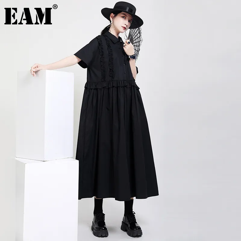 [EAM] Women Black Big Size Casual Ruffles Pleated Dress Lapel Short Sleeve Loose Fit Fashion Spring Summer 1DD8524 210512