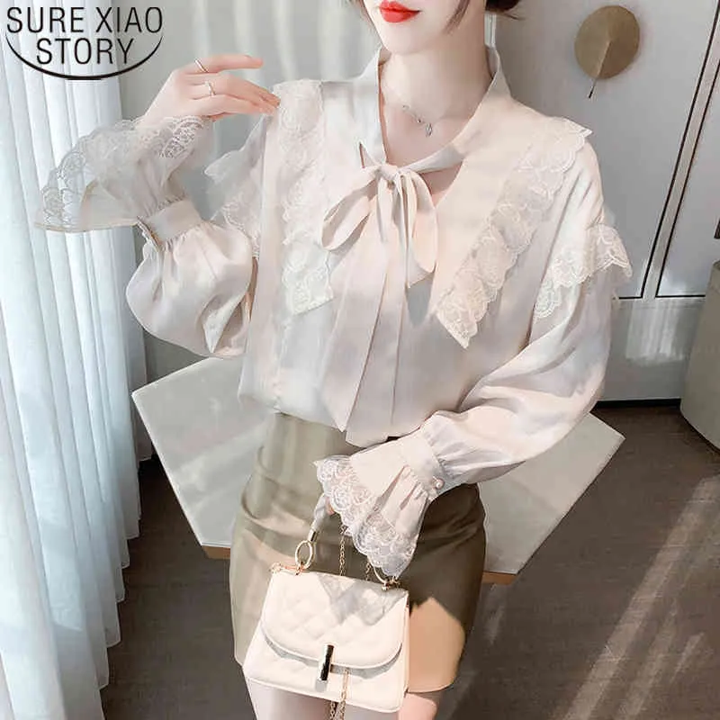 Strappy Topy Wiosna Vintage Bluzka Hong Kong Styl Szyfonowe Ubrania Koronki Potargane Flare Z Długim Rękawem Kobiety Bluzki 13210 210417