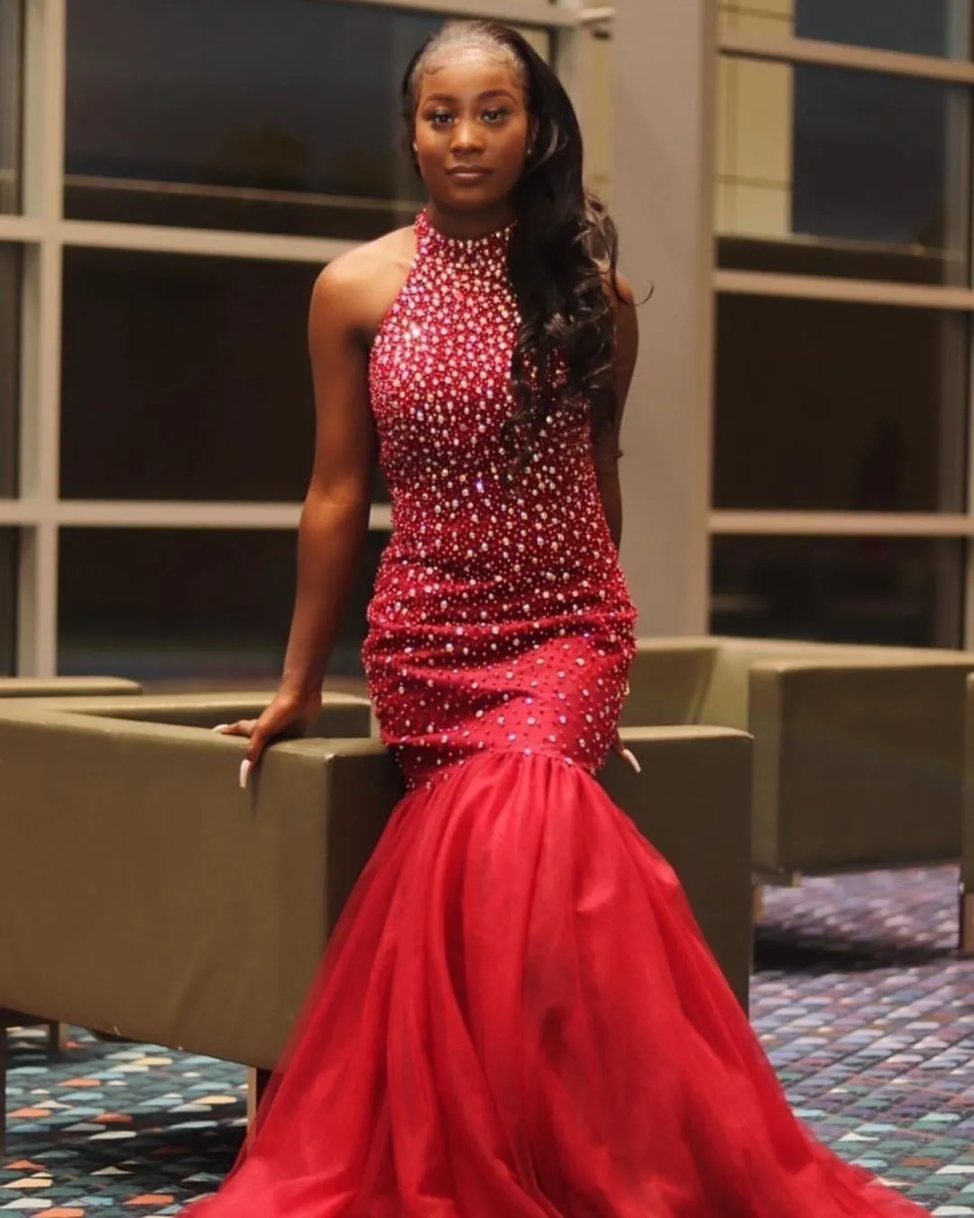 Red Halter Neck Mermaid Rhinestone Prom Dress With Beading And