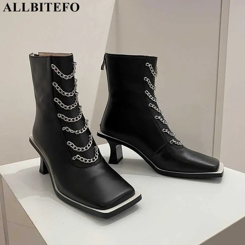 ALLBITEFO Stivaletti con decorazione a catena in vera pelle naturale Stivali da donna moda impermeabili stivali da moto scarpe tacco alto 210611