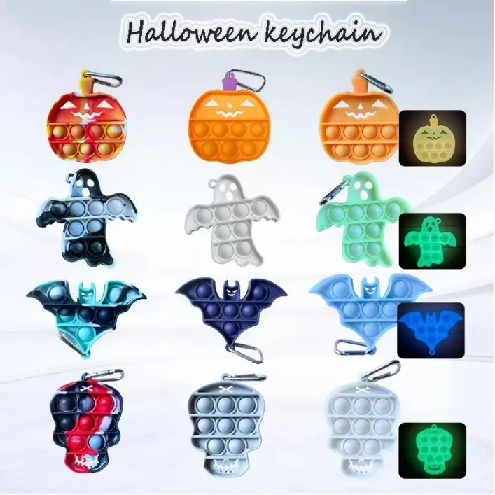 Party Favor Luminous Halloween Ghost Pumpkin Bat Keychain Key Anti Stress Relief Squishy Its Fidget Toys Push Bubble Gifts
