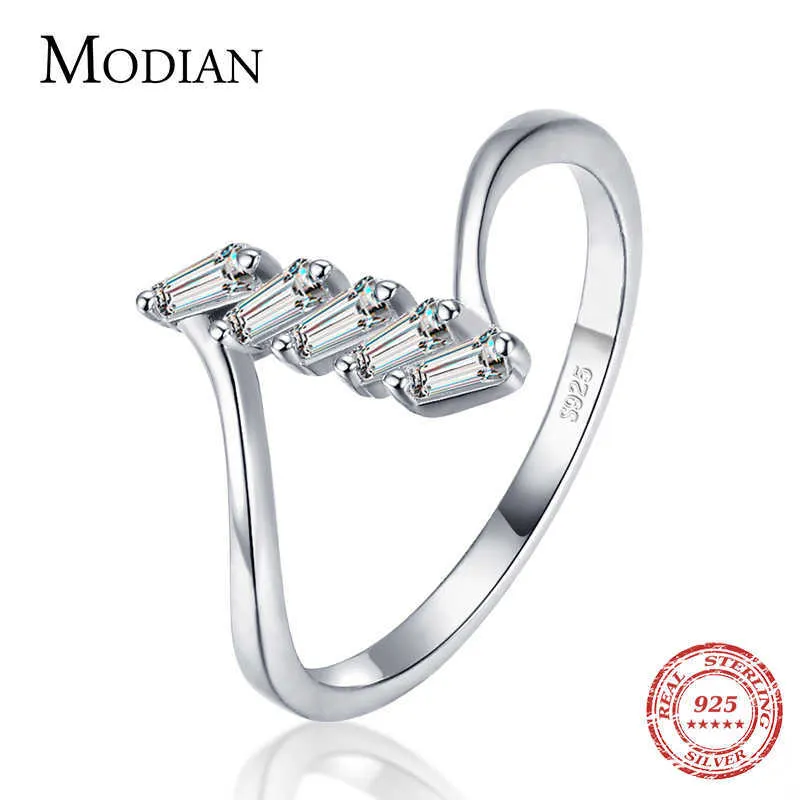 Genuine 925 Sterling Silver Wave Trapezoid Clear Anéis de Dedo CZ para Mulheres Minimalista Fine Jewelry Estilo Bague 210707