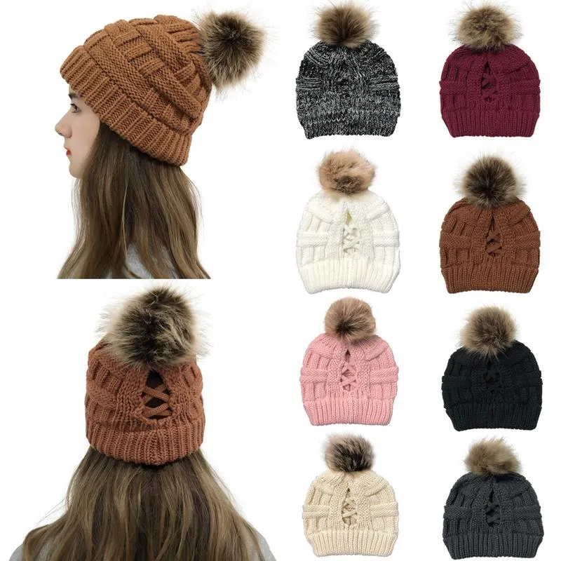 Lovely Fashion Knitted Ponytail Caps Women Pom Pom Ball Ponytail Beanie Winter Warm Wool Knitting Hat Christmas Party Hats Supplies LD71206